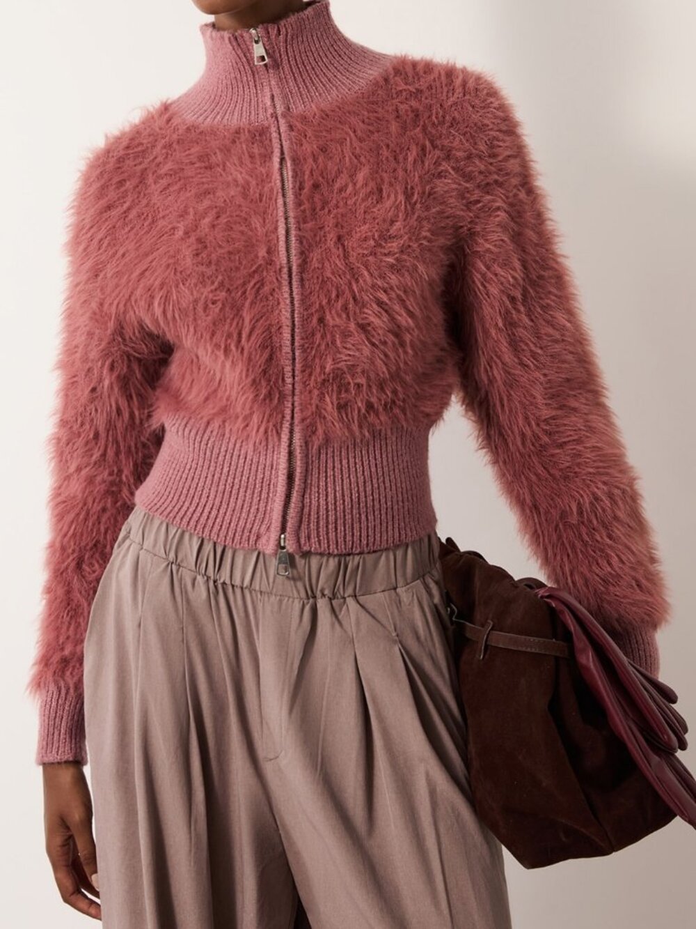 Watermelon Pink Casual Women's Fuzzy Zip-Up Crop Cardigan